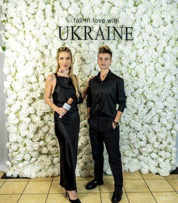 Co-founders of My Mary Production, A. Bazdyrieva and Mariia Mykhno, at the charity fashion event "Fall in Love with Ukraine" in Los Angeles.