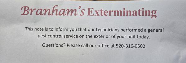 note the unnamed guy left on our door after spraying.