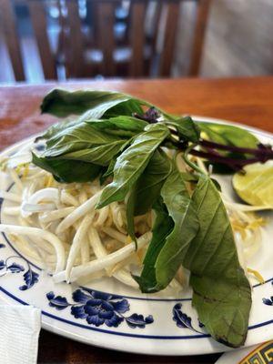 Bean Sprouts, mint Lea, one lime, and one piece of jalapeno.