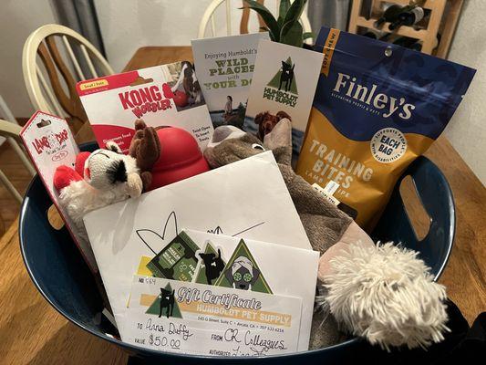 Gift basket items purchased from Humboldt Pet Supply