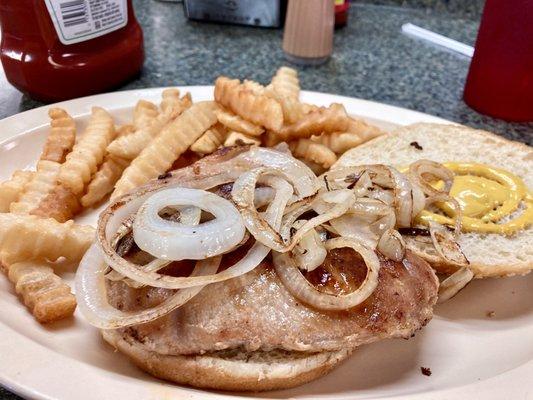 Pork chop sandwich (no bone) with add on fries (crinkle cut)