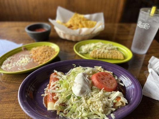 Enchiladas Supreme Specialty, taco, Rice and beans
