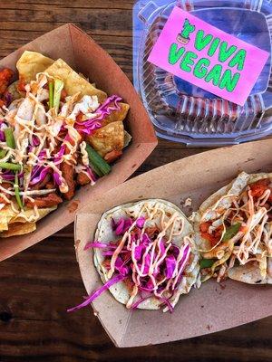 Loaded Nachos, Jackfruit "carnitas" Taco, and Korean BBQ Taco Photo by @travel.seek.eat.repeat on Instagram