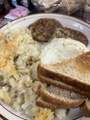 2 eggs over hard, hashbrowns, sausage and toast
