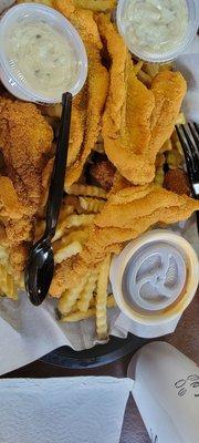 Catfish strip and fries and beans