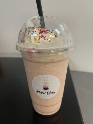 Green apple and strawberry smoothie with sprinkles for my little guy.