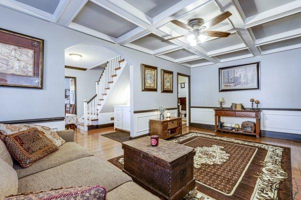 Gorgeous coffered ceilings in this adorable cottage!