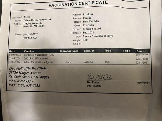 Proof of rabies vaccination and date it was given and the date it expires! Notice the vaccines are for 3 years but given in 2023 & 2024!!!