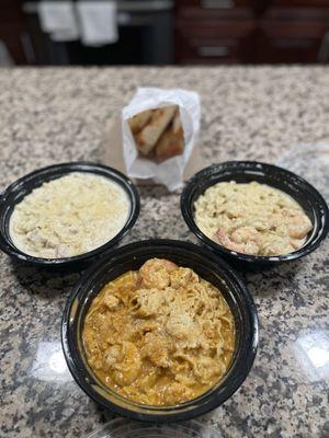fettuccine chicken Alfredo, fettuccine with shrimp, and fettuccine mazzarese