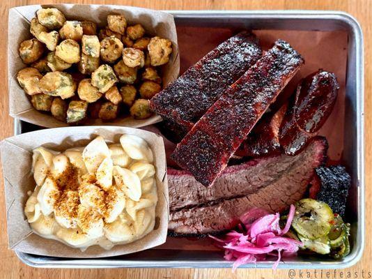 Meat plate: spare ribs, brisket, fried okra and mac & cheese