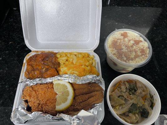 Yams, Mac n cheese, Banana pudding, Catfish, Cabbage. 10 outta 10 I firmly recommend!