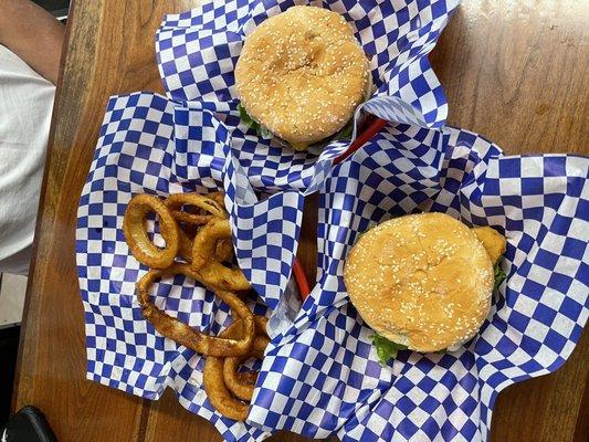 Crispy Chicken Burger and onion rings