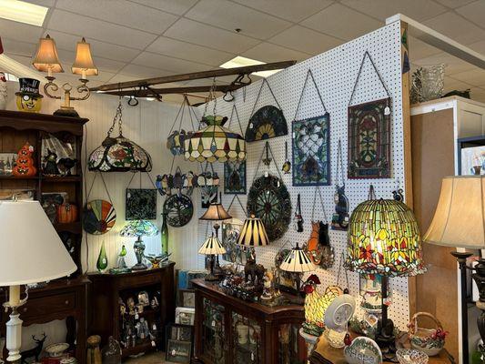 Tiffany glass lamps and stained glass panels