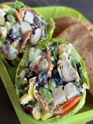 Delicious wrap w/ house baked  pita chips