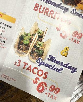 Monday & Tuesday Specials