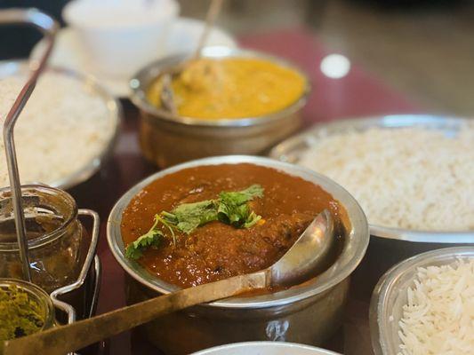 Lamb vindaloo in front, Mali Kofta in back. (lamb vindaloo has potato in it very hearty spicy dish)