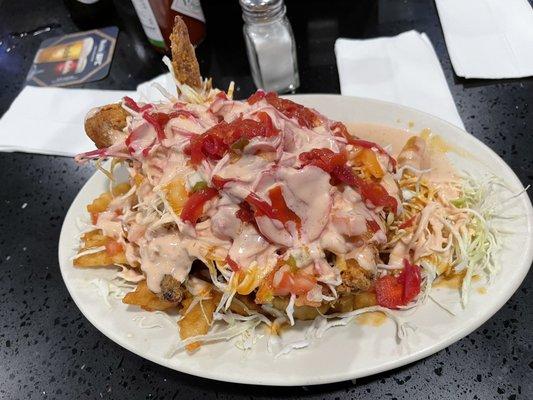 Chicken breast with fried Plantains substitute the fried Plantains with Fries. Really good!