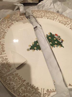 Broken Christmas platter in fragile marked box