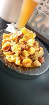 Our Shrimp boil includes shrimp, potatoes, sausage, corn, and a savory garlic butter, so tasty you won't want to share!