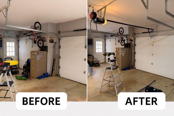 Before and after of a new garage door opener installation. Smooth, quiet, and reliable.