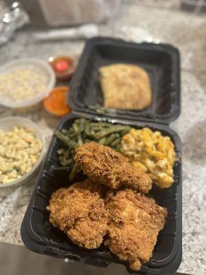 Fried Chicken, Green Beans, Macaroni salad, Mac and Cheese, Beef pattie