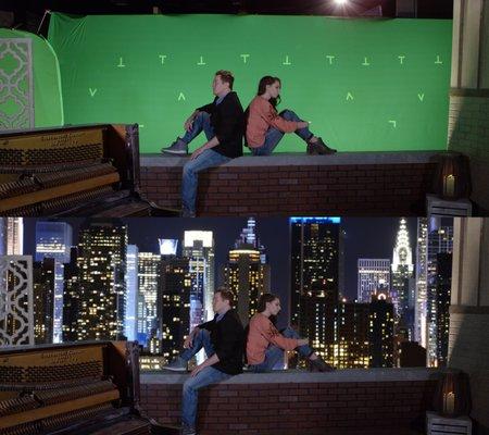Top: Behind-the-scenes photo on green-screen set for music video. Bottom: Roof top edited into music video.