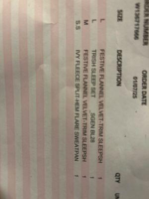 My receipt Trish sleep set.