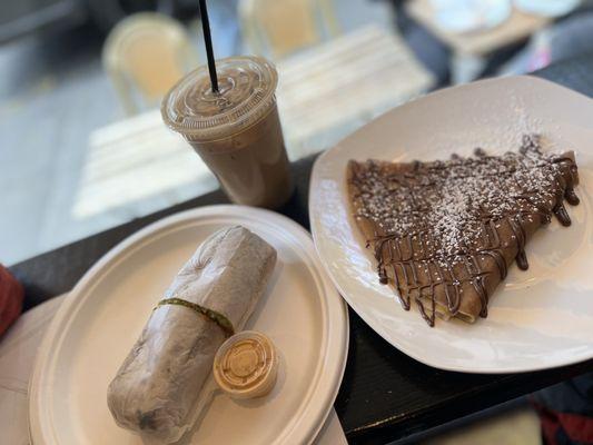 Turkey cubano wrap, Iced Latte, Nutella Crepe