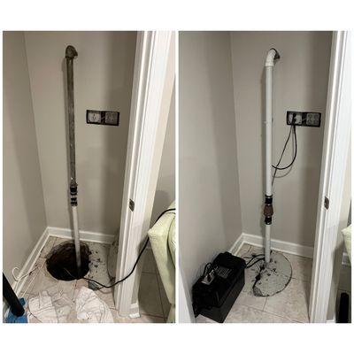 Replaced old sump pump and piping with new sump pump and battery backup system and new piping. Great update for finished basement.