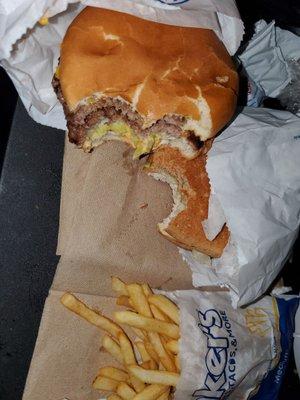 Double cheese burger, fries and grilled chicken sandwich