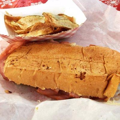 HAM AND SWISS SANDWICH with homemade chips.