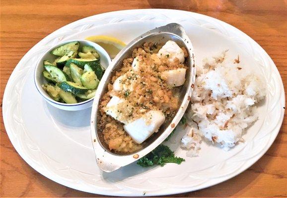 Scallops Baked in Butter, Parsley, & Ritz Cracker Crumbs / Sauteed Zucchini and Squash / Coconut Rice