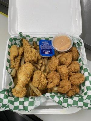 Large pick 2 basket. Catfish and shrimp with fries