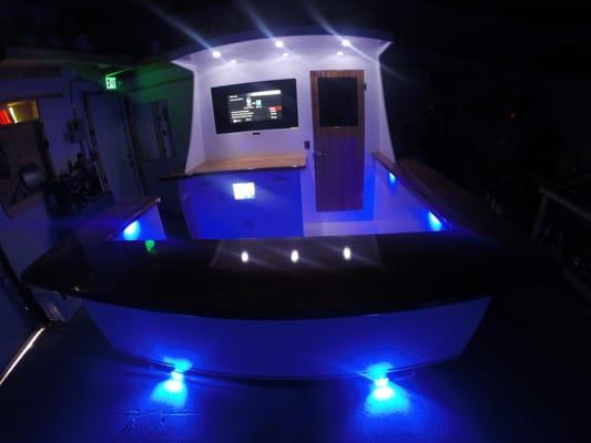 Boat transom bar with LED lights on