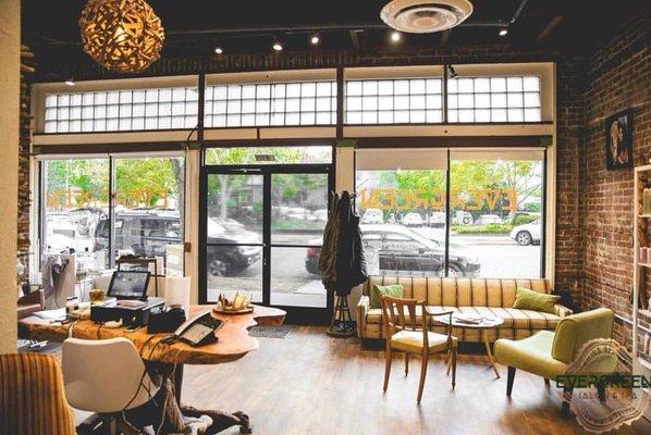 Be greeted on salon side where you can enjoy a beverage tell you are called back for your appointment. Awesome vibe.