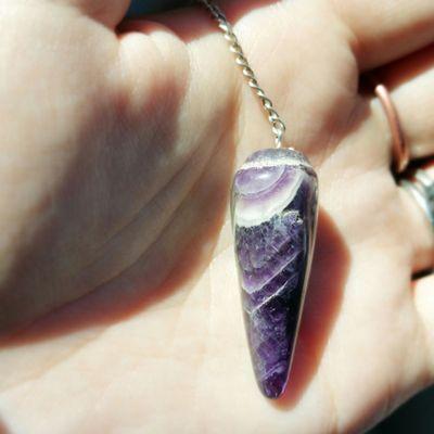 Under $10 for this beautiful chevron amethyst (combination of quartz & amethyst) pendulum at Herbie's Rock Pile.
