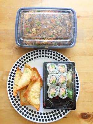 Young Chow Fried Rice, Crab Wonton and California Roll. I'm pleased with my first delivery order!