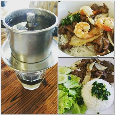 Coffee with condensed milk. Vermecelli bowl and marinated pork with rice.