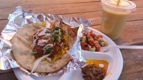 The roti wrap with masala chicken and a mango lassi. Delish!