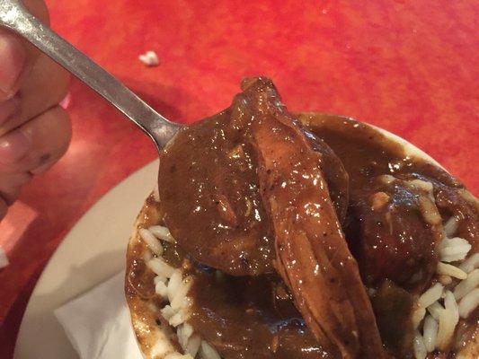 Gumbo is Awesome with SMOKED CHICKEN AND SAUSAGE.. very flavor Full and tasty .. roux was a little thick and could be more brothy like Gumbo