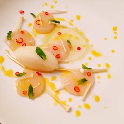 Scallop crudo, kaffir lime sorbet, Thai chili, enoki mushroom, mint, ginger orange reduction, shiso oil