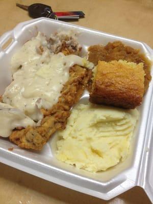 Chicken fried steak, yams, mashed taters, cornbread!