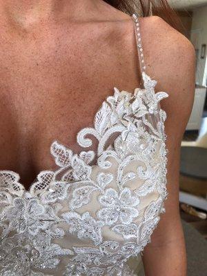 Closer up picture of the final fitting where we added the lace detail to cleavage area.