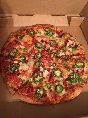 Veggie pizza, no olives, add jalepeños.