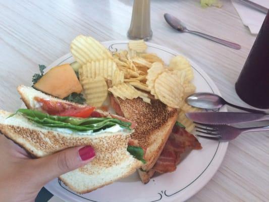 BLT with pickle chips and a little melon piece