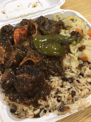 Oxtail Stew with rice & peas and cabbage