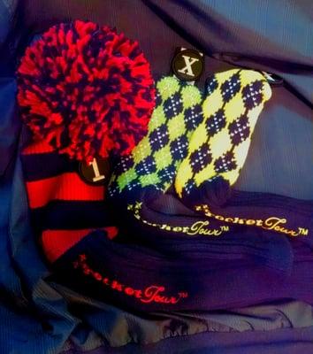 Driver cover stripe with pom pom; hybrid covers in neon green and neon yellow, argyle pattern.