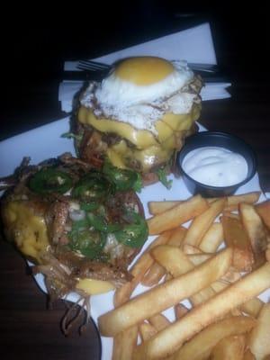 Zapata burger: 2 patties, bacon, cheese, egg, jalapeños, carnitas amd more! Got a side salad and it was dinner for 2 for $13.