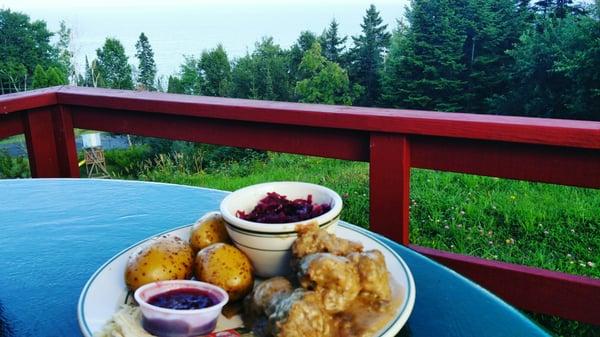 Swedish meatballs with the beautiful view of Lake Superior.