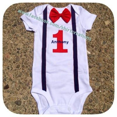 Suspenders birthday onesie with bow tie.